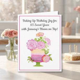 January 65th Birthday Cake Purple Carnations Card