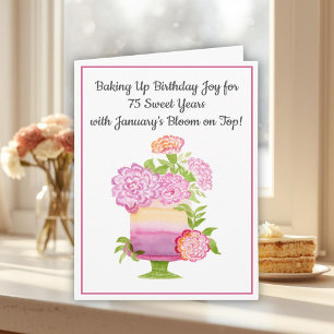 January 75th Birthday Cake Purple Carnations Card