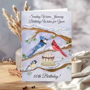 January 80th Birthday Backyard Birds Watercolor Card