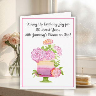 January 80th Birthday Cake Purple Carnations Card