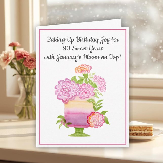 January 90th Birthday Cake Purple Carnations Card (Creator Uploaded)