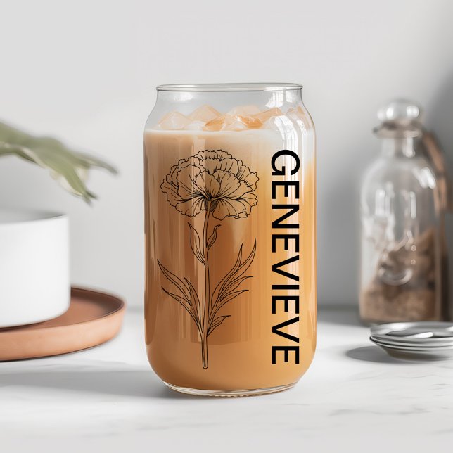 January Birth Flower Carnation with Custom Name  Can Glass (Creator Uploaded)