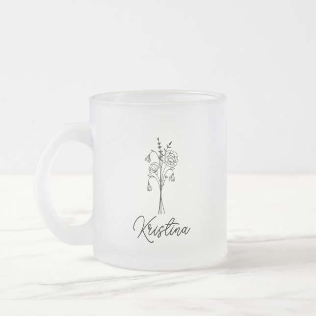 January Birth Flower & Elegant Script Name Frosted Glass Coffee Mug (Left)