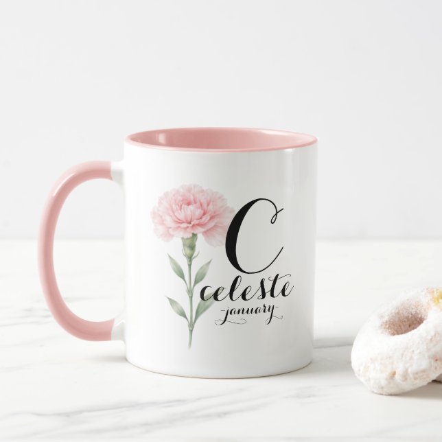 January Birth Flower Mug – Pink Carnation Gift (With Donut)