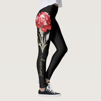 January Birth Flower, Red Carnation on Black Leggings