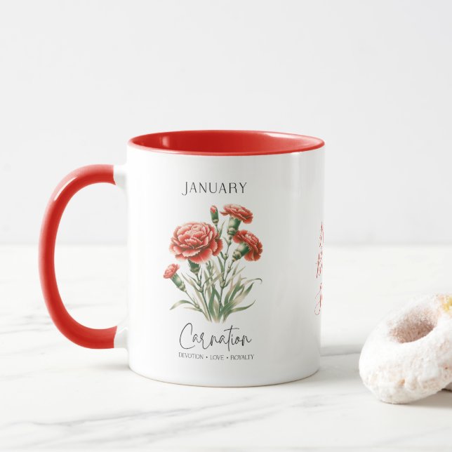 January Birth Month Flower Carnation Birthday Gift Mug (With Donut)