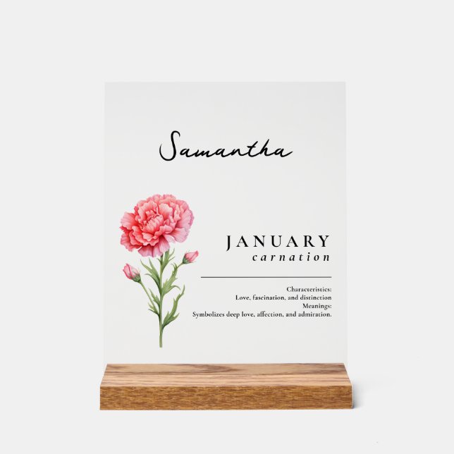 January Birth Month Flower Carnation Personalised Acrylic Sign (Front)
