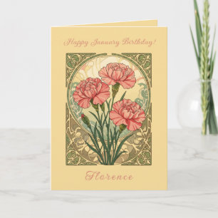 January Birthday Pink Carnations Art Nouveau Style Card