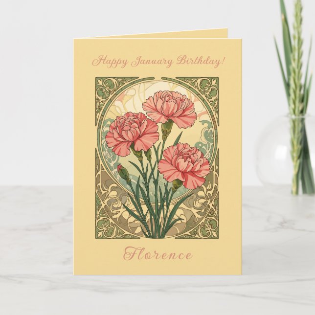 January Birthday Pink Carnations Art Nouveau Style Card (Front)