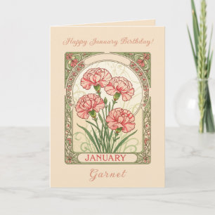 January Birthday Pink Dianthus Art Nouveau Style Card