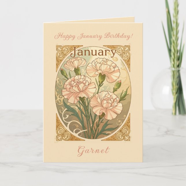 January Birthday Pink Dianthus Flowers Art Nouveau Card (Front)