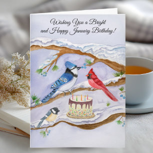 January Birthday with Backyard Birds and Cake Card