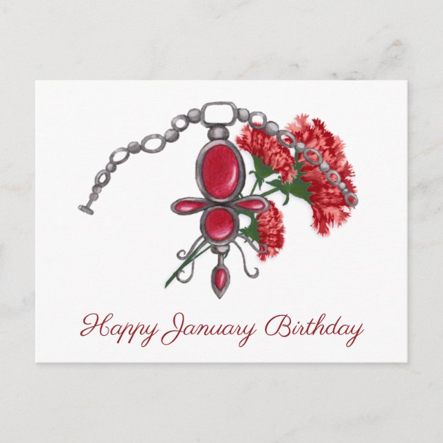 January Birthstone and Flower, Garnet & Carnation Postcard (Front)