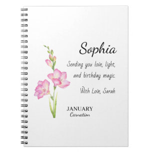 January Carnation Personalised Birthday Notebook