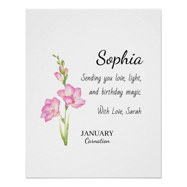 January Carnation Personalised Birthday Poster (Front)