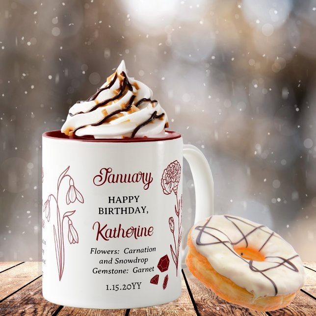 January Carnation Snowdrop Birthday Keepsake Two-Tone Coffee Mug (January Carnation and Snowdrop Floral | Garnet Birthstone Keepsake Two-Tone Coffee Mug)