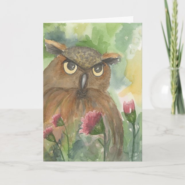 January; Carnations & Owl; Greeting Card (Front)