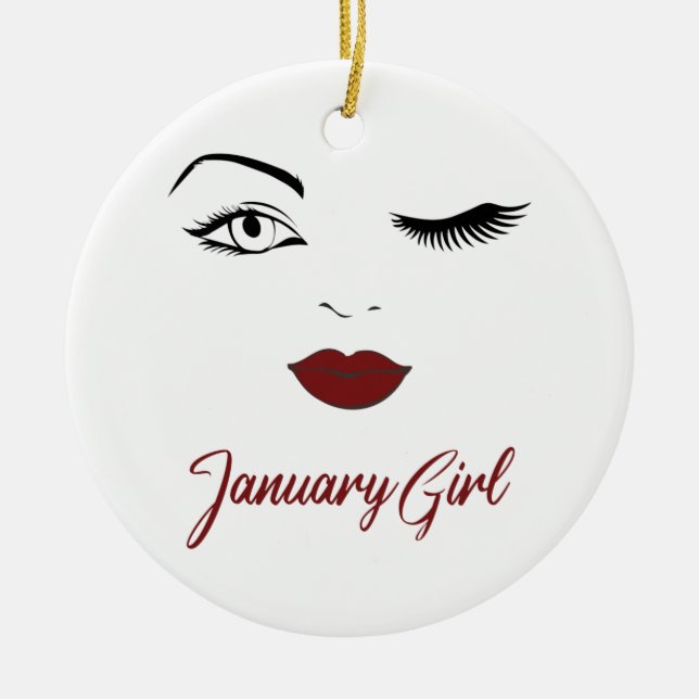 January Girl Eyes Cute Red Lips Wink Birthday Ceramic Tree Decoration (Front)