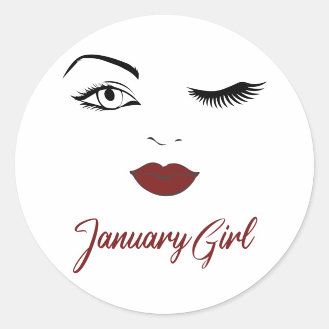 January Girl Eyes Cute Red Lips Wink Birthday Classic Round Sticker (Front)