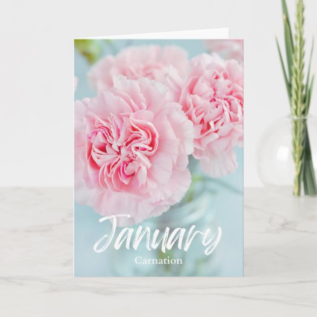 January Pink Carnation Birth Month Flower Birthday Card (Front)
