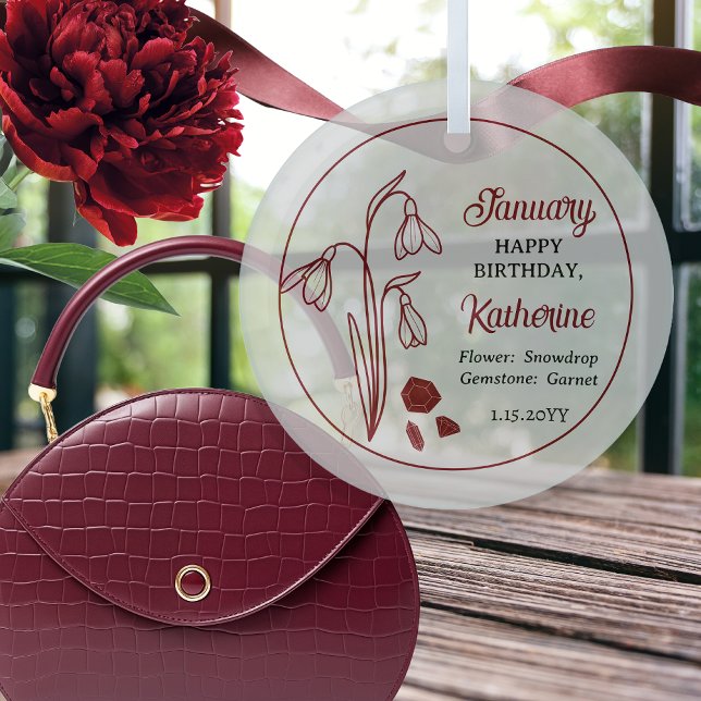January Snowdrop Floral Birthday Keepsake Glass Tree Decoration (January Snowdrop Floral | Garnet Gemstone Birthday Keepsake Glass Ornament)