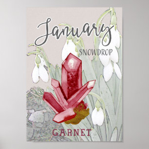 January Snowdrops and Garnet Birthday Poster