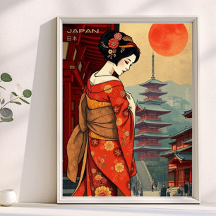 Japan 日本 geisha pagoda vintage retro poster