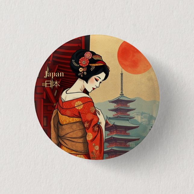 Japan 日本 maiko geisha pagoda sun  3 cm round badge (Front)