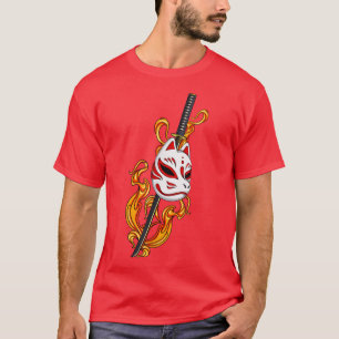 Japan Anime Mask Kitsune Fire Style Samurai  T-Shirt