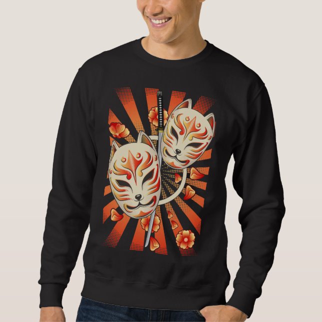 Japan Anime Samurai Sword Mask Flowers Sweatshirt (Front)