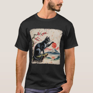 Japan Art Japanese Theme Print Black Cat Play With T-Shirt
