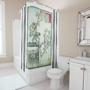 Japan Bairei Jay Birds Plum Blossom Shower Curtain