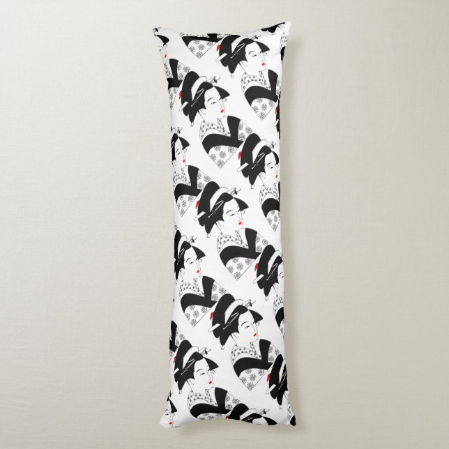 Japan Beautiful Woman Geisha Black White Pillow (Back (Vertical))