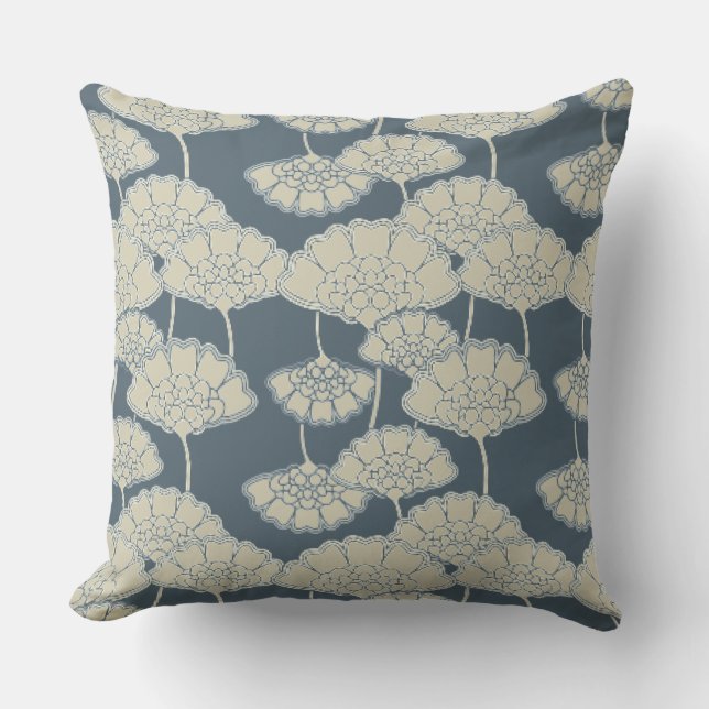Japan. Blue Floral Flowers. Cushion (Front)
