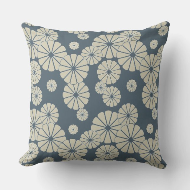 Japan. Blue Floral Flowers. Outdoor Cushion (Front)