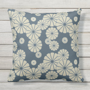 Japan. Blue Floral Flowers. Outdoor Cushion