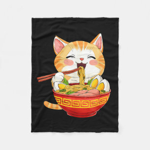 Japan Cat Eating Ramen Noodle Kawaii Anime Style Fleece Blanket