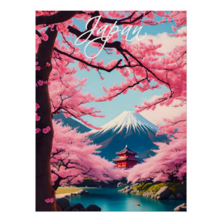 Japan Cherry Blossom at Mount Fuji Travel Poster