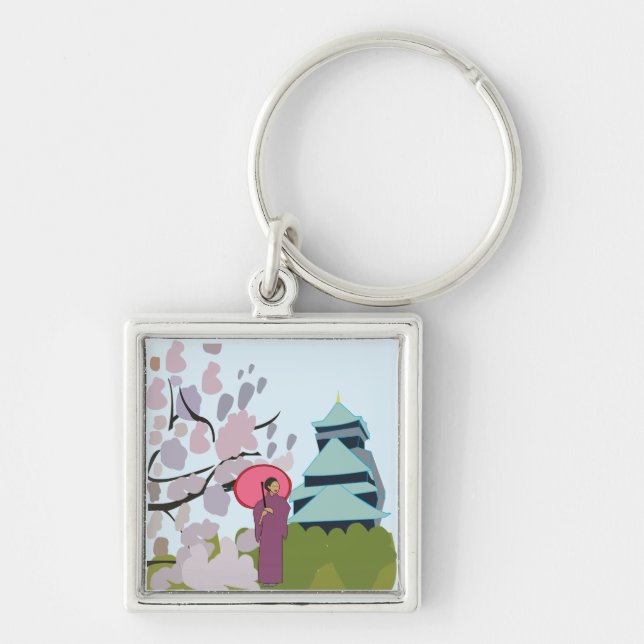 Japan Cherry Blossom Geisha Kimono  Key Ring (Front)