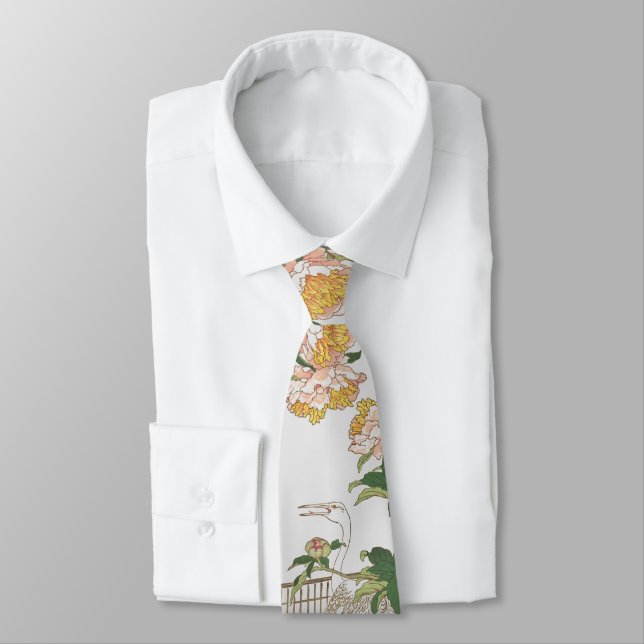 Japan Crane Bird Peony Flower Blossoms Tie (Tied)