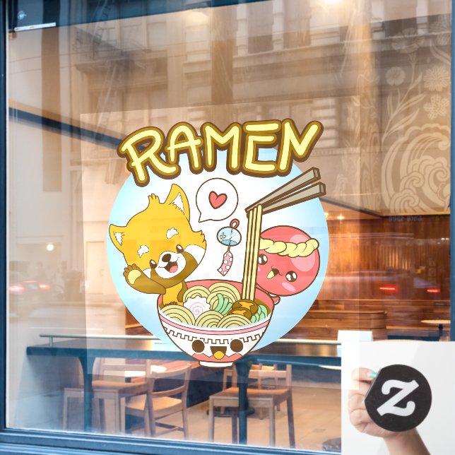 Japan Cute Red Panda Octopus Eat Ramen Restaurant Window Cling (Cafe Window)