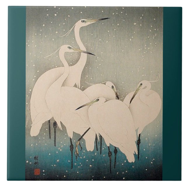 Japan Egrets in Snow Wildlife Birds Ceramic Tile (Front)