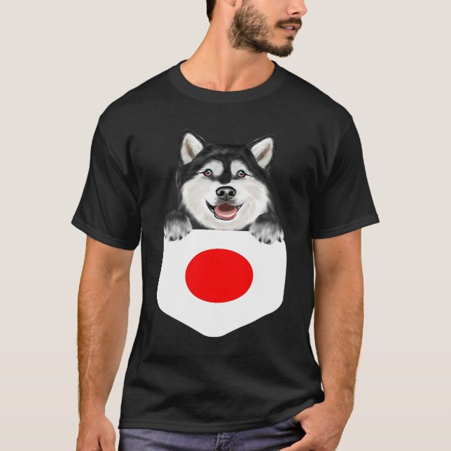 Japan Flag Alaskan Malamute Dog In Pocket T-Shirt (Front)