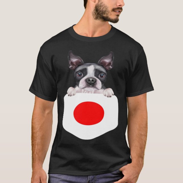 Japan Flag Boston Terrier Dog In Pocket T-Shirt (Front)