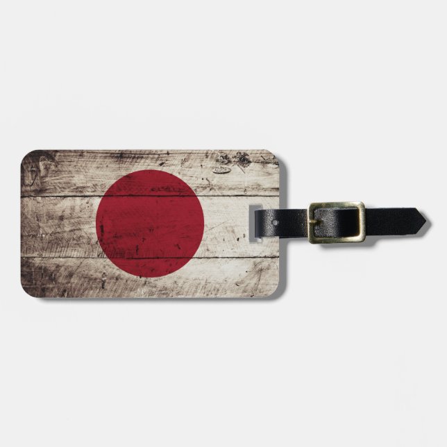 Japan Flag on Old Wood Grain Luggage Tag (Front Horizontal)