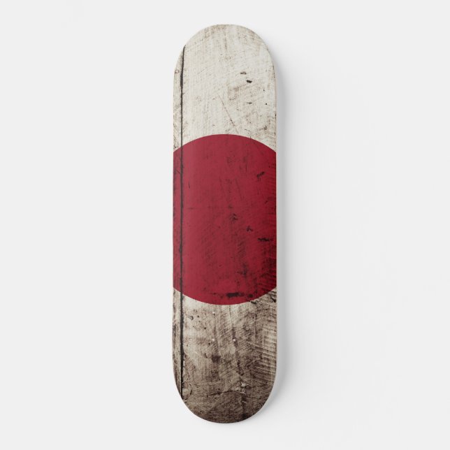 Japan Flag on Old Wood Grain Skateboard (Front)