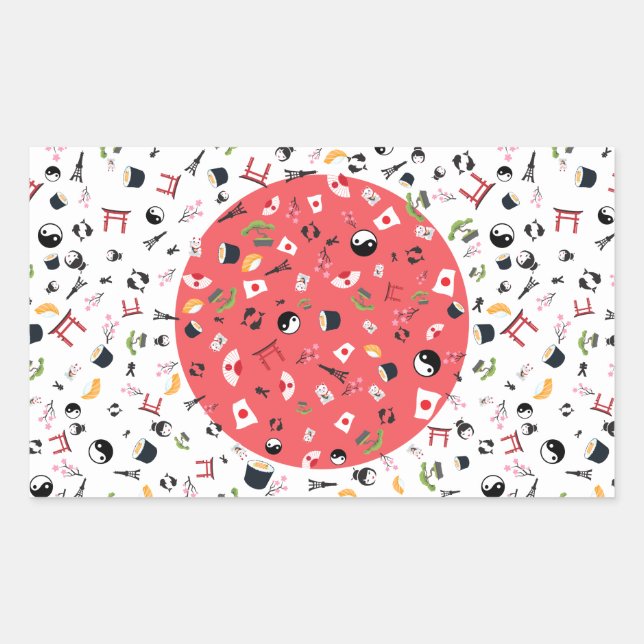 Japan flag with famous icons of Japan Rectangular Sticker (Front)