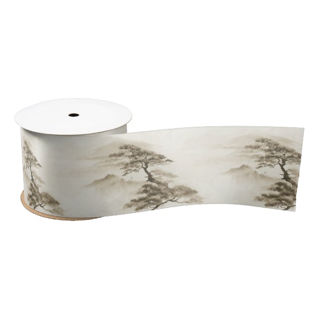 Japan Ink Landscape Minimal Misty Mountain Satin Ribbon (Spool)