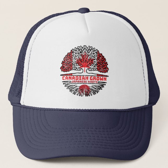 Japan Japanese Canadian Canada Tree Roots Flag Trucker Hat (Front)