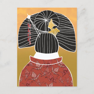 Japan Kimono Yukata Shrine Hand Illustrated Postcard